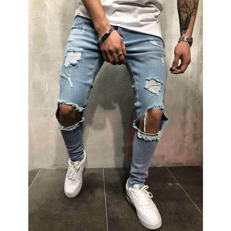 European and American jeans new style ripped slim men's trousers cross-border European and American men's slim pants