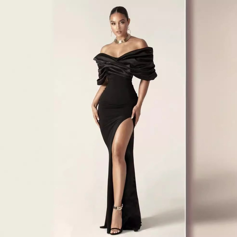 Black fashion pleated edge strapless dress for slimming, tight fitting, and floor length, with a hip hugging design