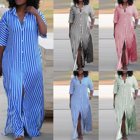 Summer fashion loose V-neck long striped shirt dress for women