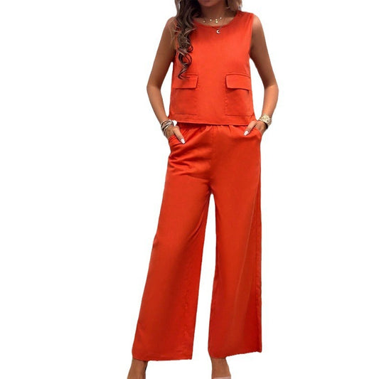 Spring/Summer Casual Solid Color Top Wide Leg Pants Set for Women