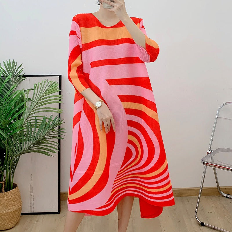 Autumn striped printed loose size A-line skirt for mom's pleated mid length style