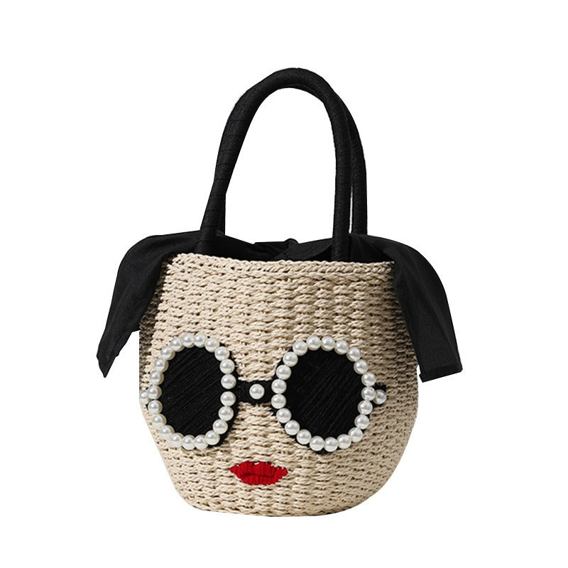 Japanese fashion rattan woven handbag, cute cartoon Japanese style water bucket woven bag