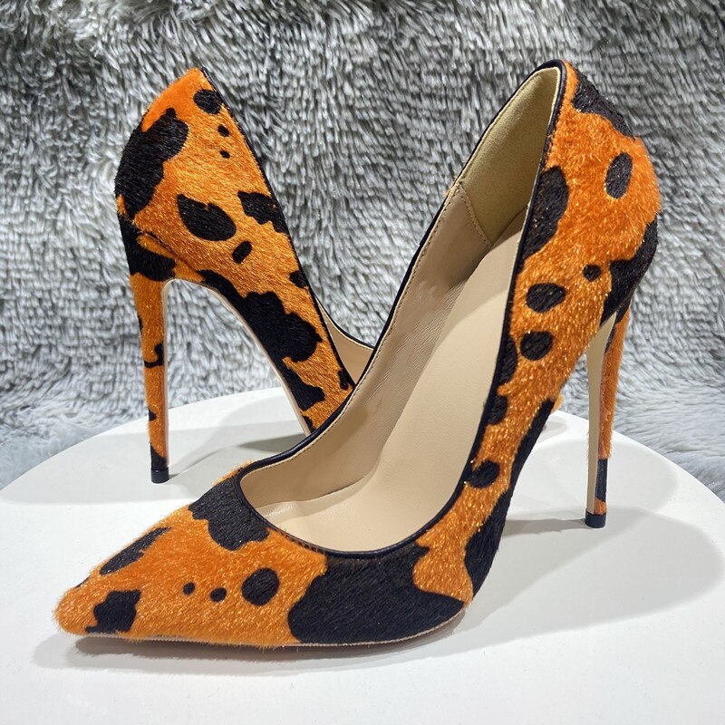 Tikicup Orange Cow Print Hairy Flock Women Pointy Toe High Heel Shoes 8cm 10cm 12cm Slip On Sexy Stiletto Pumps for Party Dress