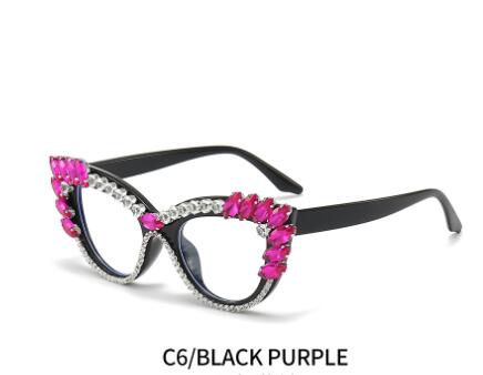 Cat-eye diamond-encrusted anti-blue light flat glasses