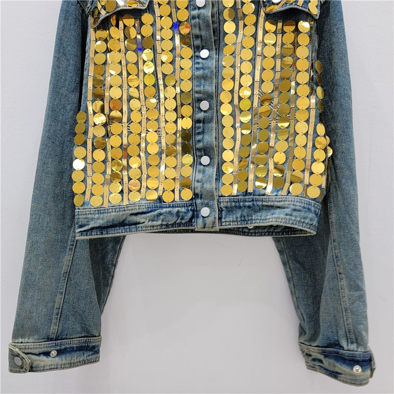 Spliced denim jacket for women's loose and slim standing collar jacket top