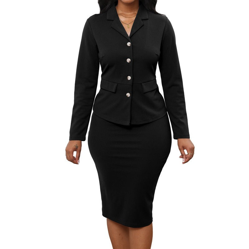 Women's elegant temperament solid color long sleeved jacket, hip hugging skirt two-piece set