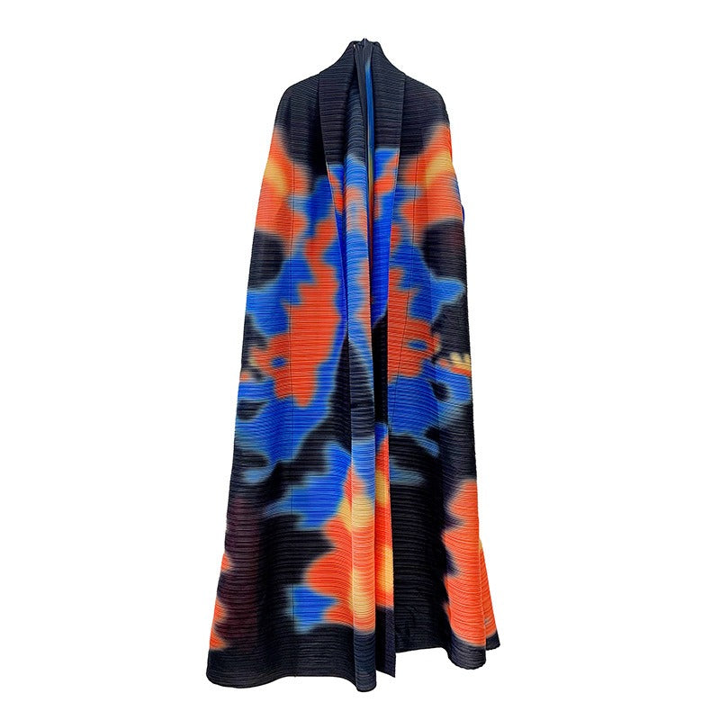 Pleated printed cardigan dress robe fashionable versatile coat loose retro mid-length skirt