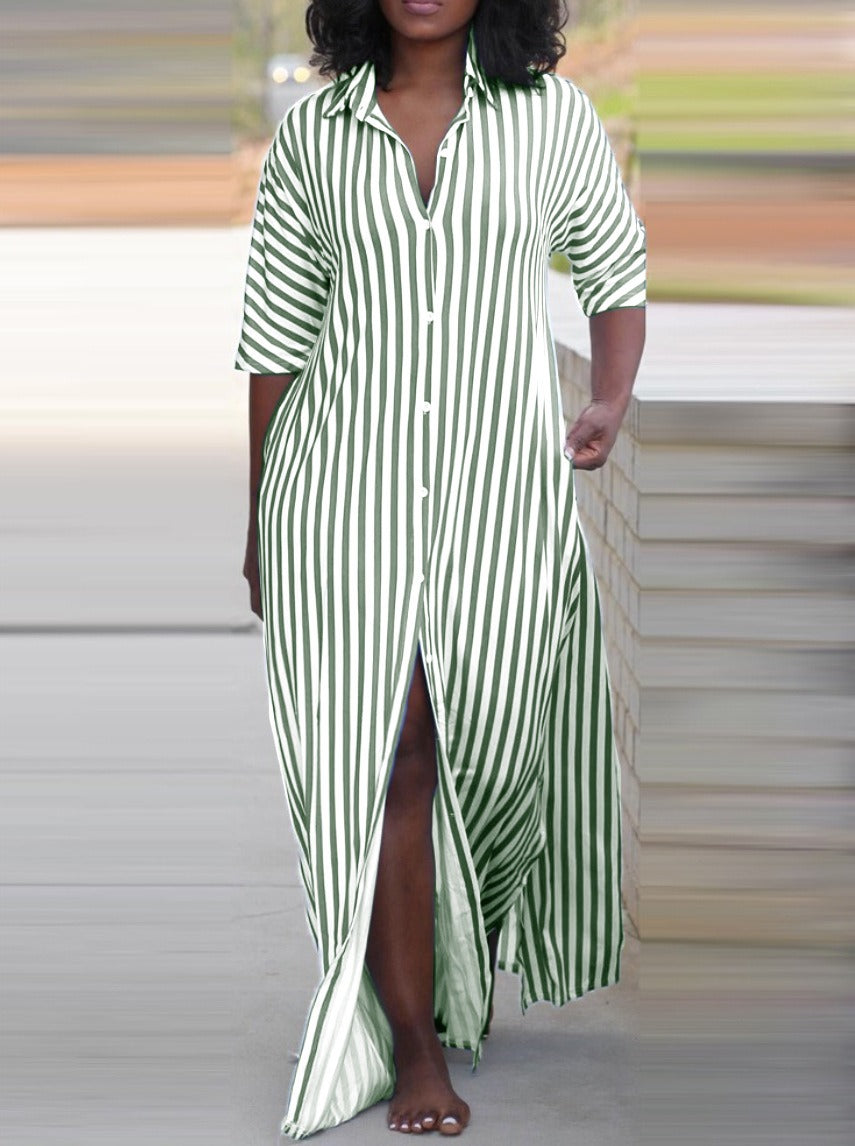 Summer fashion loose V-neck long striped shirt dress for women