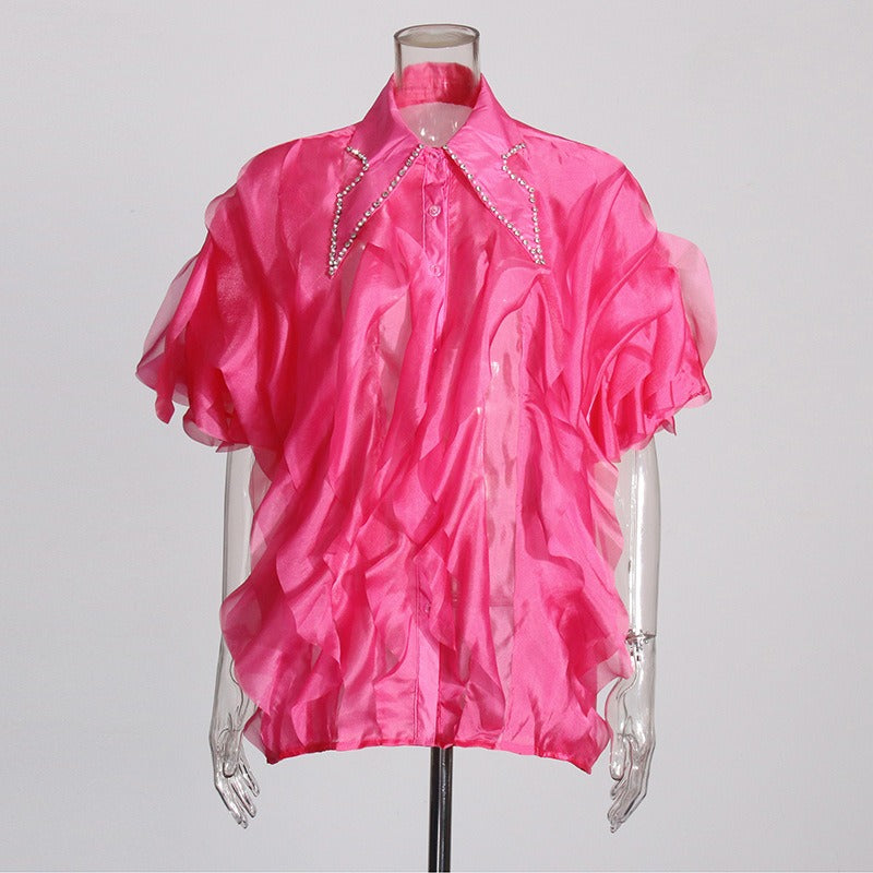 Fashionable commuter style layered ruffled shirt with lapel and diamond design, all-match shirt top for women