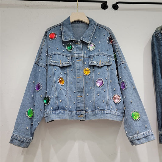 Colorful diamond denim jacket women's loose jacket cardigan short top