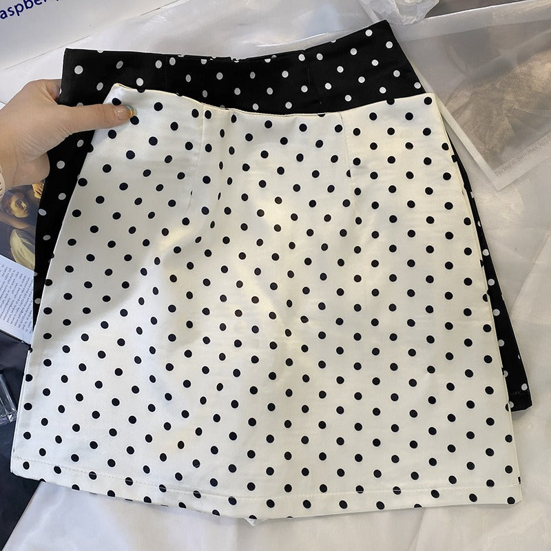 Polka dot half length skirt, feminine, small stature, high waist, A-line skirt