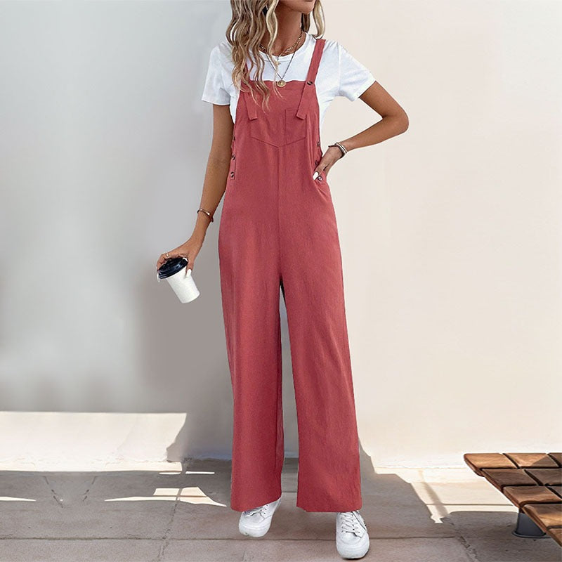 New European and American summer women's casual long solid color overalls