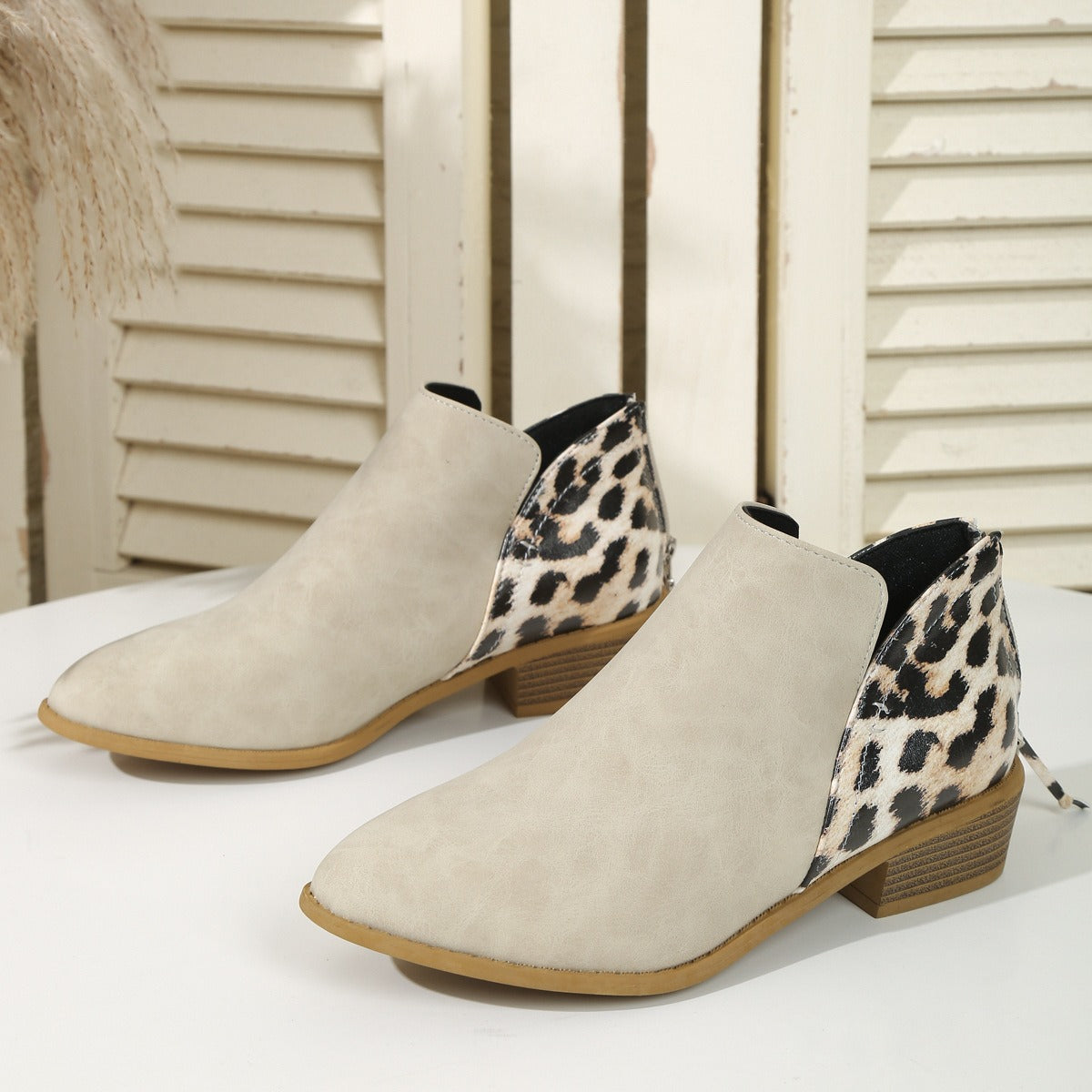 Fashion Leopard Print Boots Women's Pointed Thick Heels Back Zipper Shoes