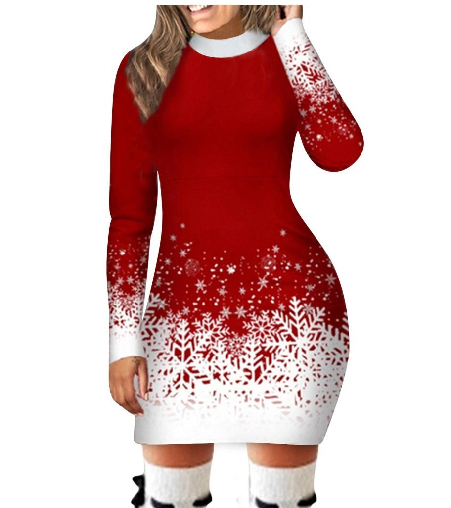 Women's A-line Christmas print long-sleeved dress