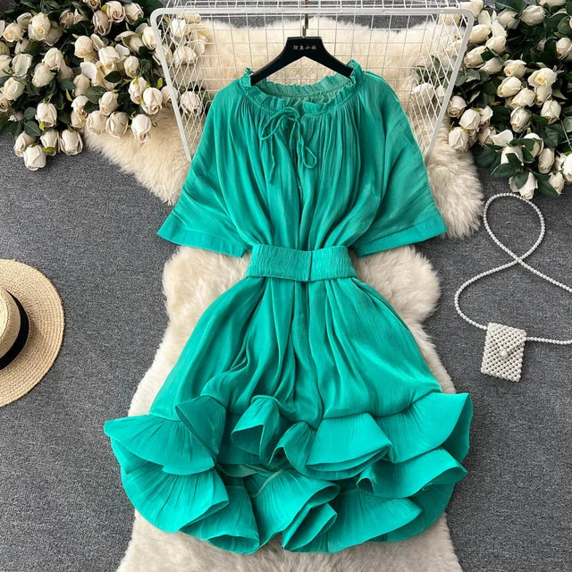 Summer lace up waist ruffled hem fluffy dress