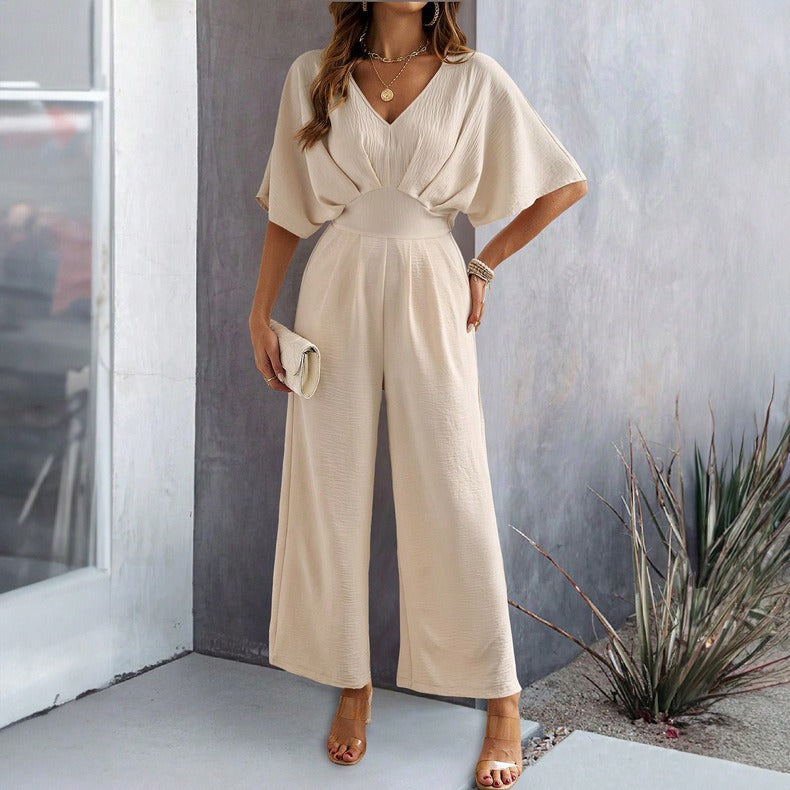 Spring and summer women's short sleeved solid color casual wide leg jumpsuit