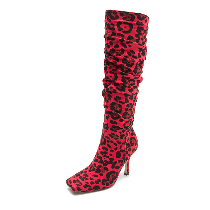 Leopard Print High-Heeled Boots Square Head Thin Heel Boots For Women New Style Autumn And Winter High-Heeled Boots Knee Boots