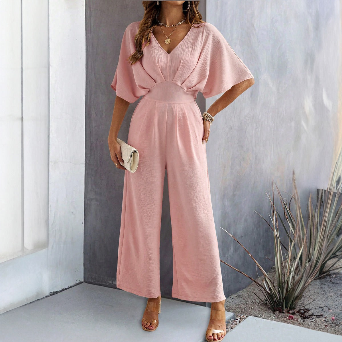 Spring and summer women's short sleeved solid color casual wide leg jumpsuit