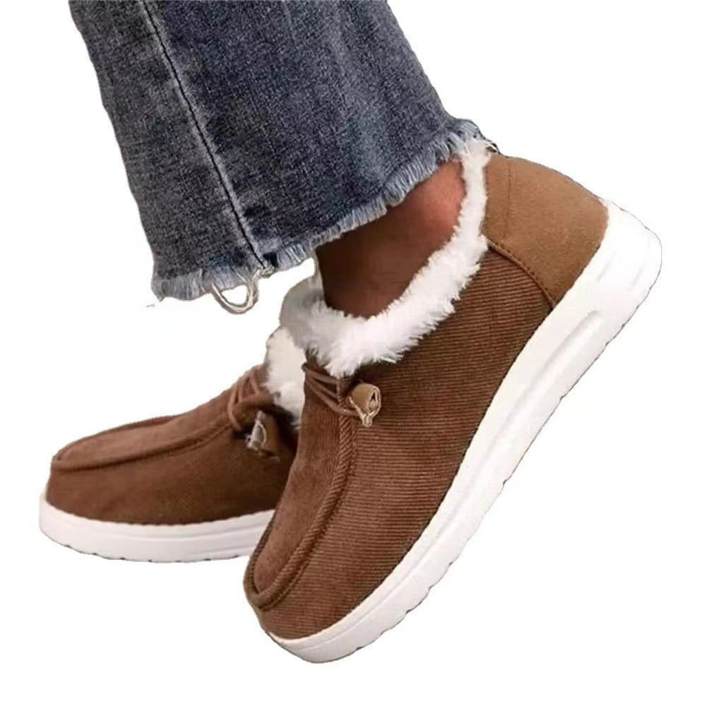 Winter Large Plush Thickened Wool Warm Flat Plush Women's Slip On Casual Shoes