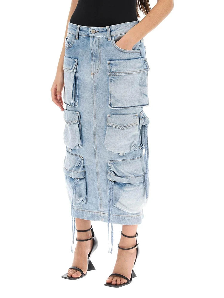 Solid Casual Loose Denim Skirt For Women High Waist Patchwork Pocket Designer Cargo Skirts Female Fashion New