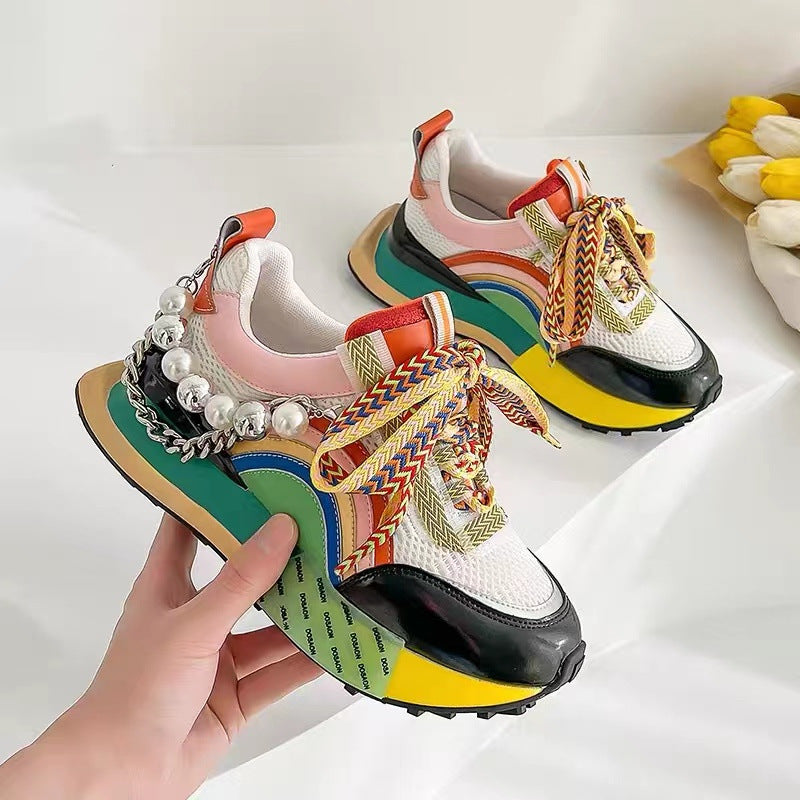 Lace Up Rainbow Colors Platform Pearls Chain Patchwork Fashion Girls Breathable Running Shoes