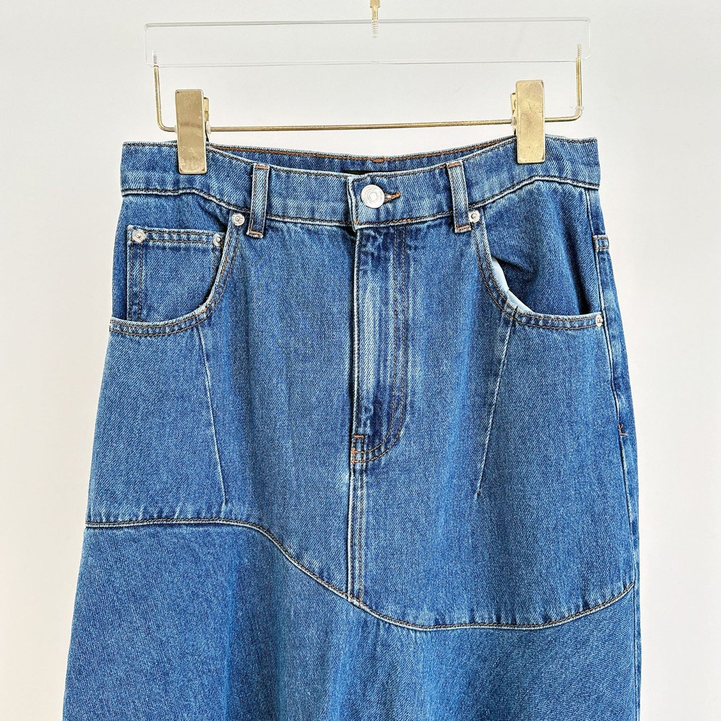 New fashion splicing blue irregular denim high waisted half length skirt for spring and summer