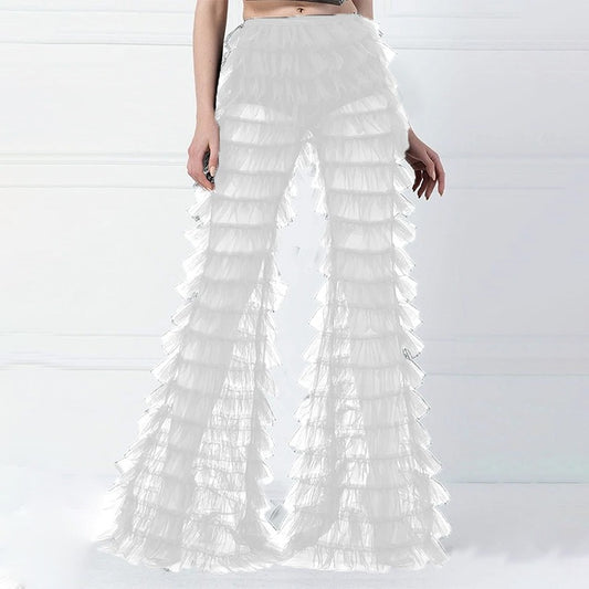 European and American style see-through trousers sexy high waist layered mesh splicing design flared