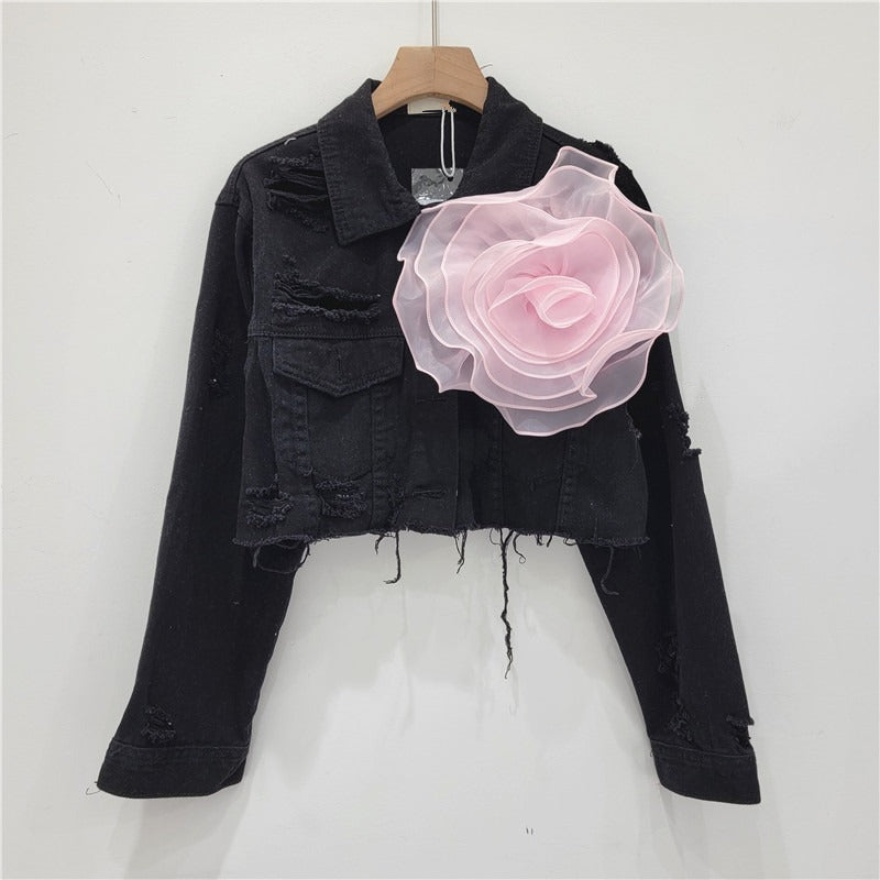 Three dimensional flower fashion tie dye pink personalized perforated pink stylish short denim jacket women's stylish jacket