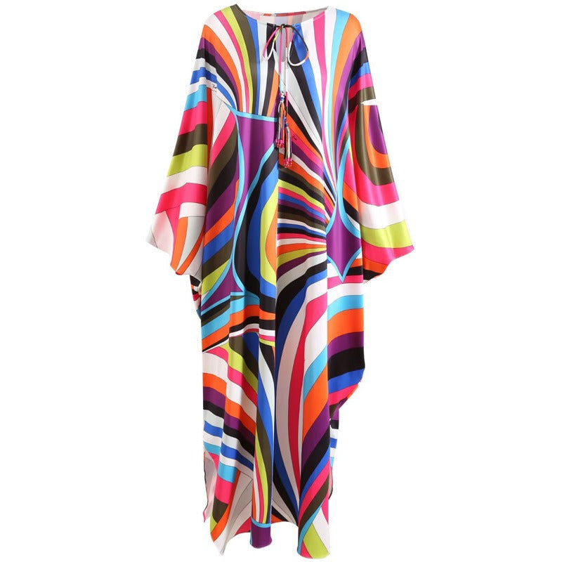 Round neck colorful striped printed beaded knit silk bat sleeve long dress