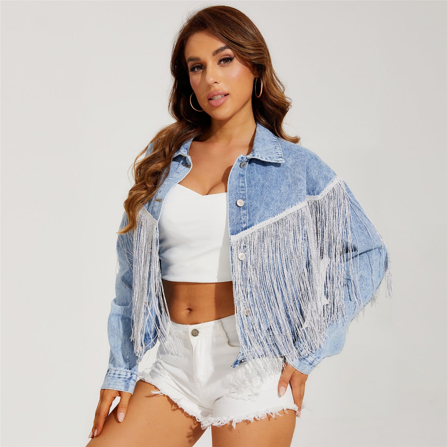 Cowboy jacket for women, fashionable tassel flip collar, stir fried flower denim jacket for women