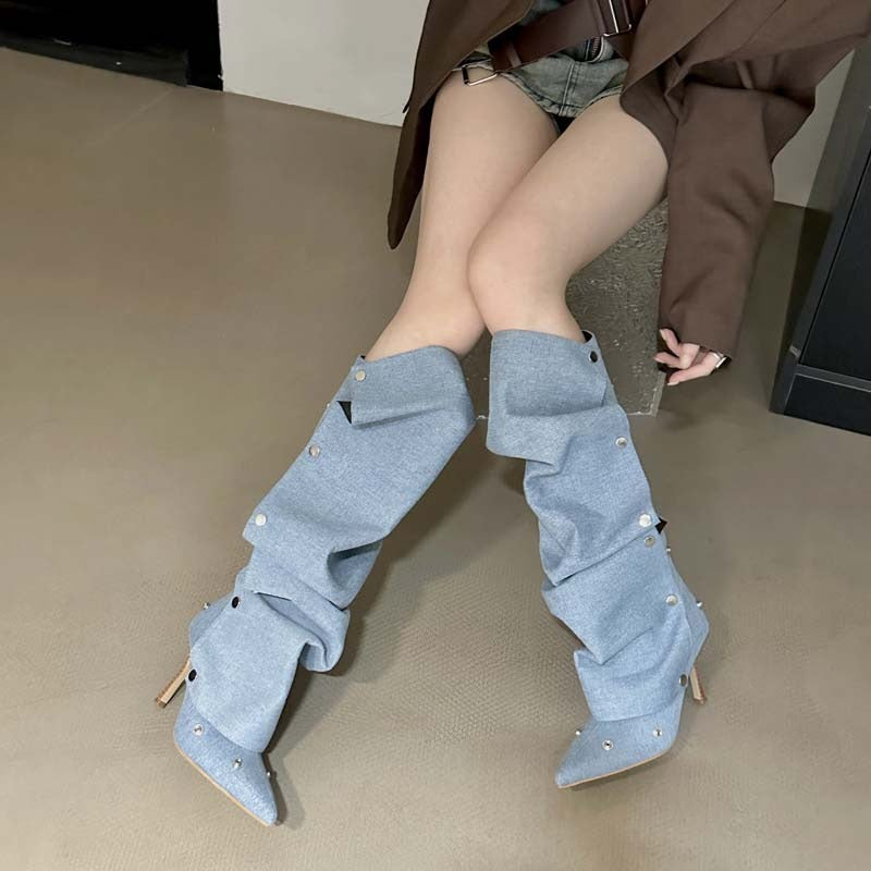 New Arrivals Snap Buttons Removable Uppers Women Denim Boots