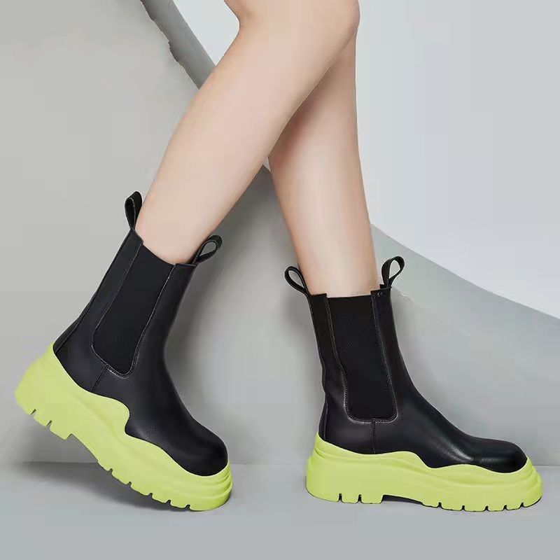 Women Chunky Heel Mid Calf Boots Luxury Brand Chelsea Boots Platform Biker Boots Street Leather Ladies Boots Botas