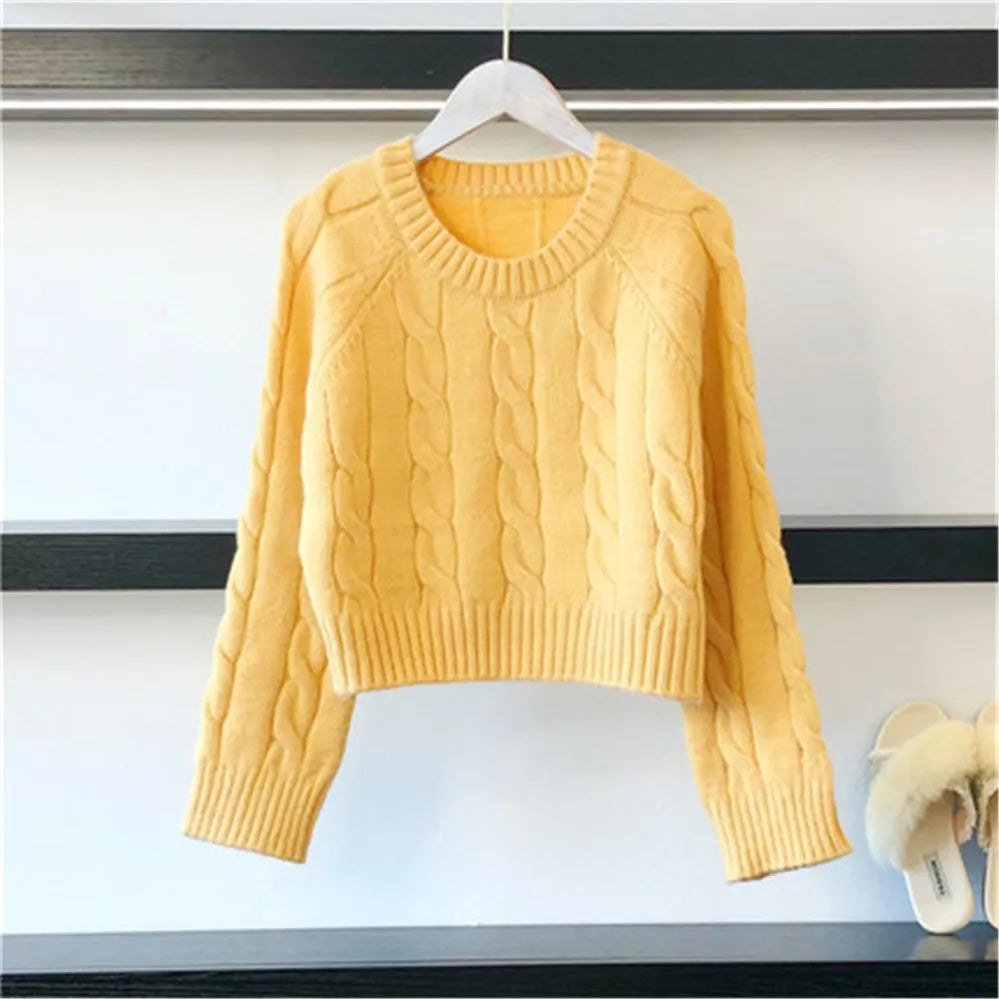 Autumn New Long Sleeve Short Knitwear Winter Women Jumper Green Korean Solid Casual Loose Warm Knitted Pullovers Women