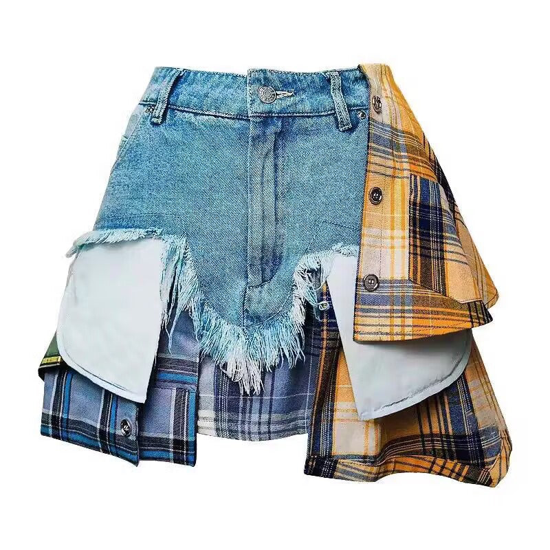 Denim skirt for women's summer new irregular plaid patchwork high waisted short skirt