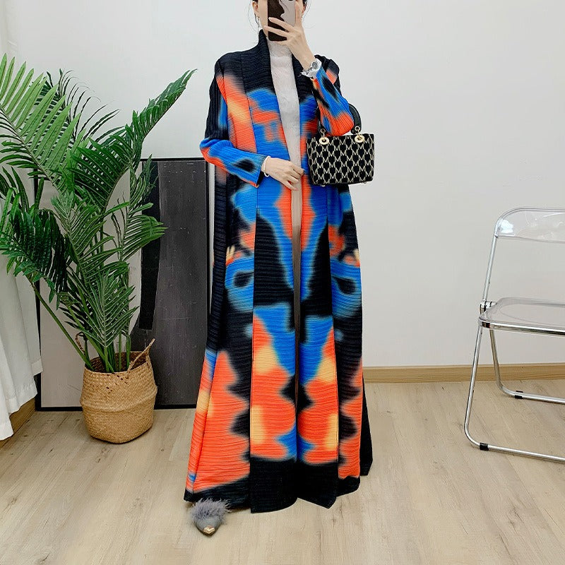 Pleated printed cardigan dress robe fashionable versatile coat loose retro mid-length skirt