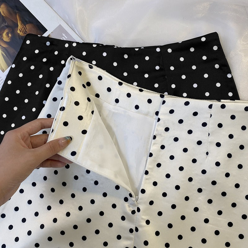 Polka dot half length skirt, feminine, small stature, high waist, A-line skirt