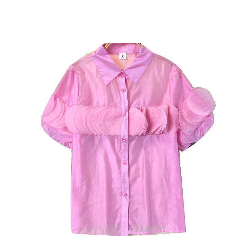 Heavy industry petal patchwork bubble sleeve shirt for women's versatile perspective chiffon shirt