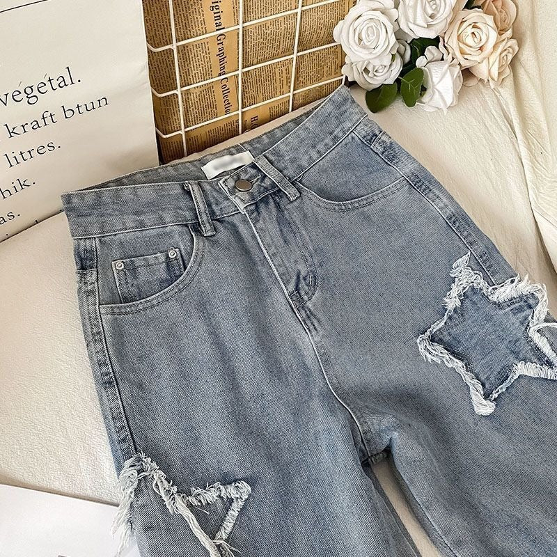 Straight tube star jeans, women's high waisted loose wide leg pants