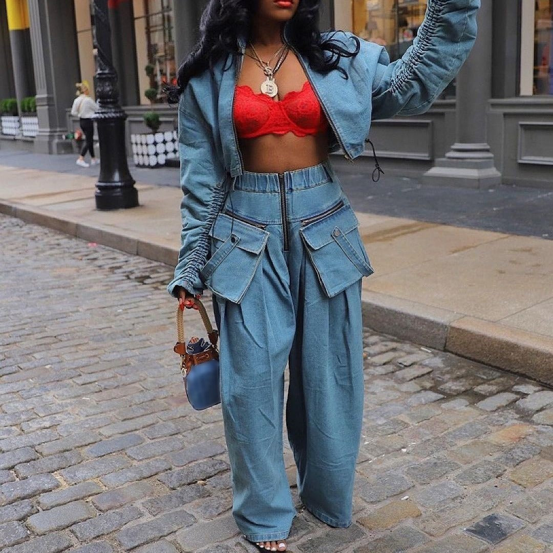 Women's Fashion Loose Casual Short Jacket Wide Leg Pants Denim Suit Women's Two-piece Set