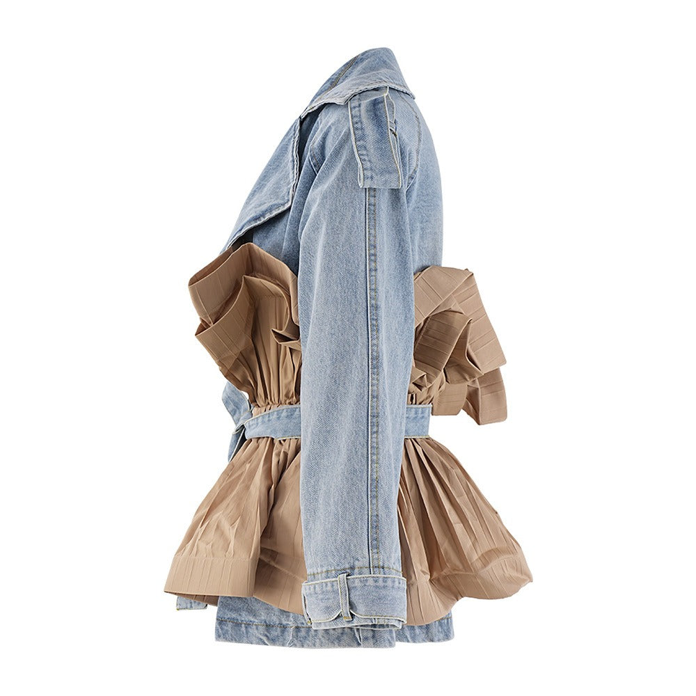 European and American design style lapel denim jacket for women's autumn new item, ruffle edge contrasting color splicing person