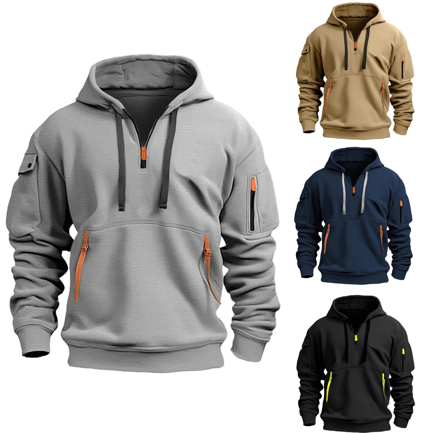 Men's hoodie hooded sweatshirt with zipper multi pocket pullover men's sports jacket