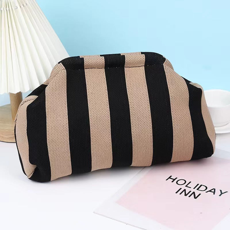 Fashionable and versatile new knitted clutch bag, striped contrasting color cloud bag, large capacity storage bag