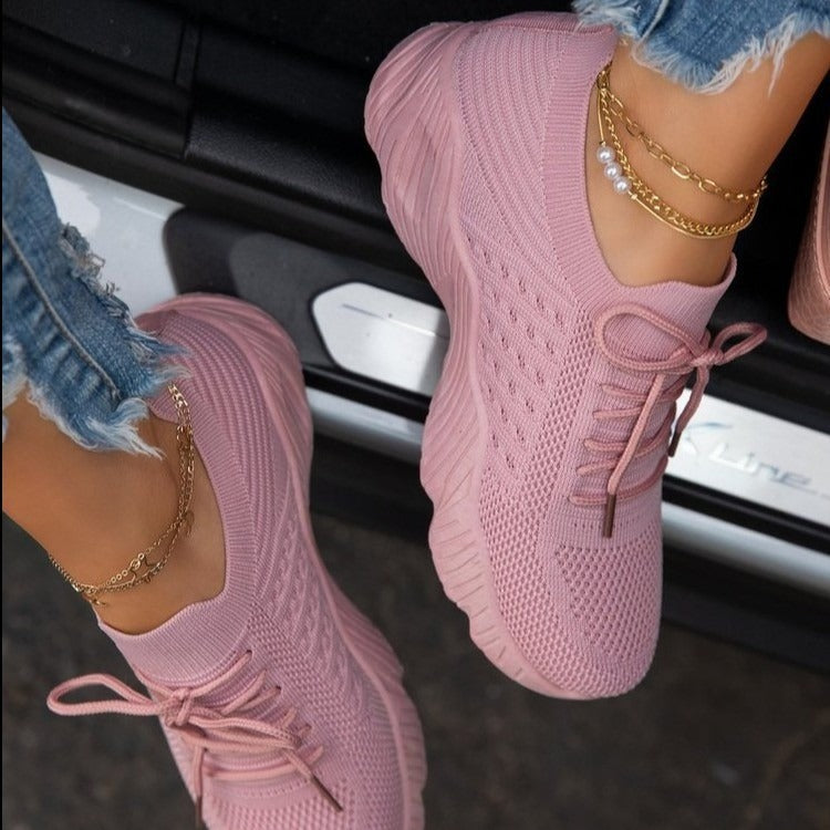 Large size women's shoes sports shoes women's lace up mesh thick sole casual flying woven shoes breathable low heels shoes