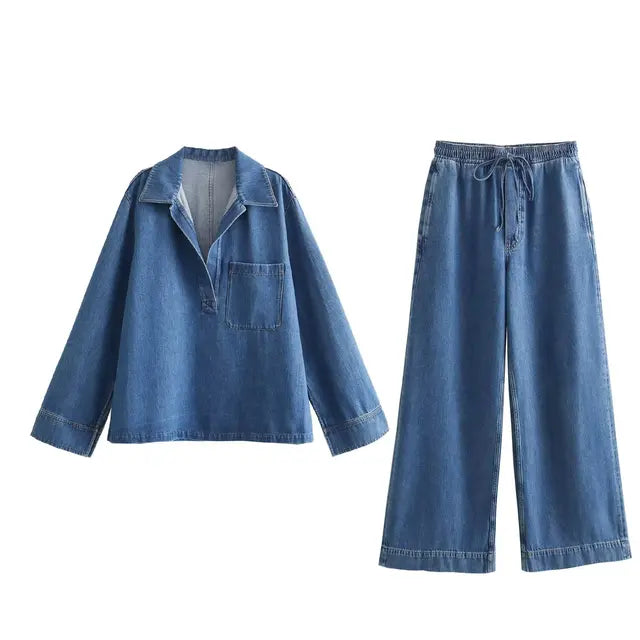 Women's Retro Lapel Pocket Long Sleeve Casual Shirt Set Elastic Waist Belted Women's Loose Denim Wide Leg Pants 2-piece