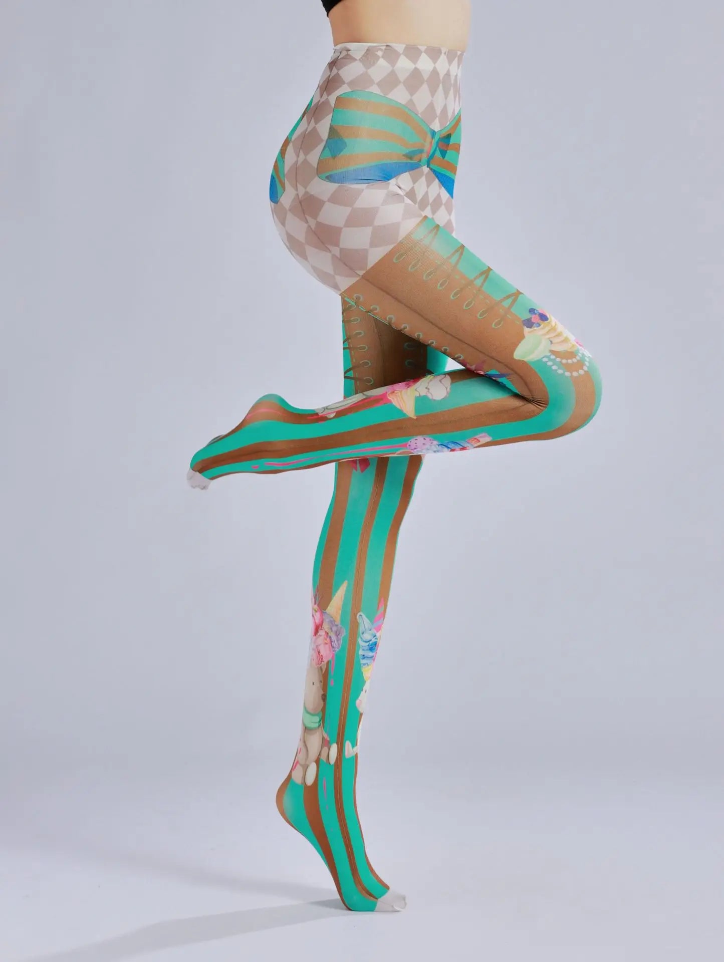 Cake ice cream printed pantyhose with striped checkered pattern as a base sock