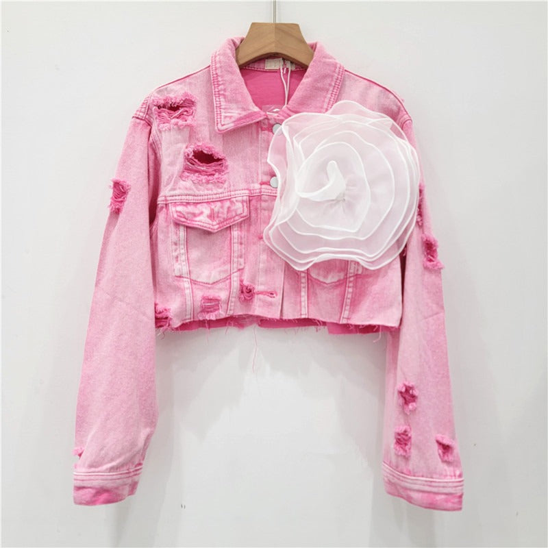 Three dimensional flower fashion tie dye pink personalized perforated pink stylish short denim jacket women's stylish jacket