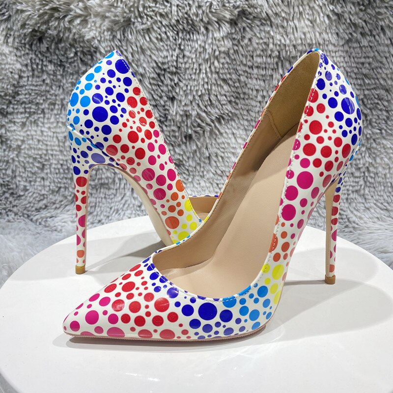 Tikicup Colorful Spotted Print Women Glossy Pointy Toe High Heel Shoes Comfortable Slip On Stiletto Pumps for Floral Dress、