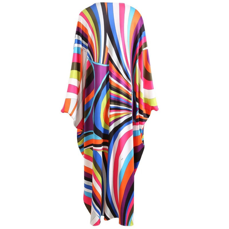 Round neck colorful striped printed beaded knit silk bat sleeve long dress