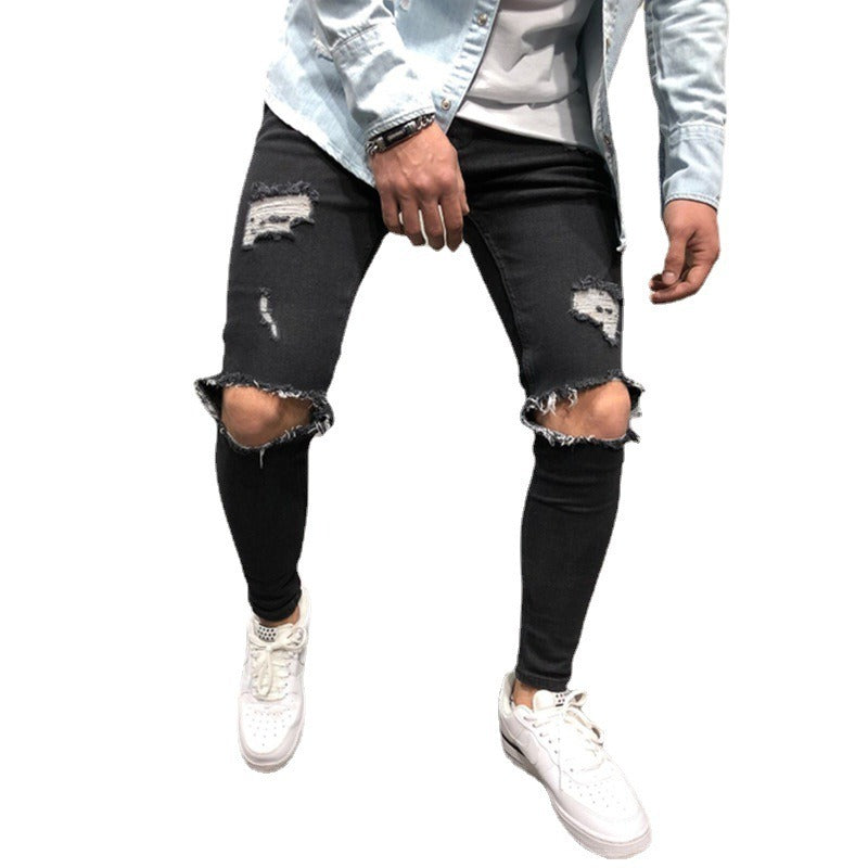 European and American jeans new style ripped slim men's trousers cross-border European and American men's slim pants