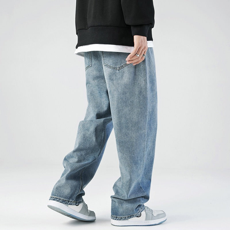 Simple solid color jeans men's washed loose fitting straight leg long pants